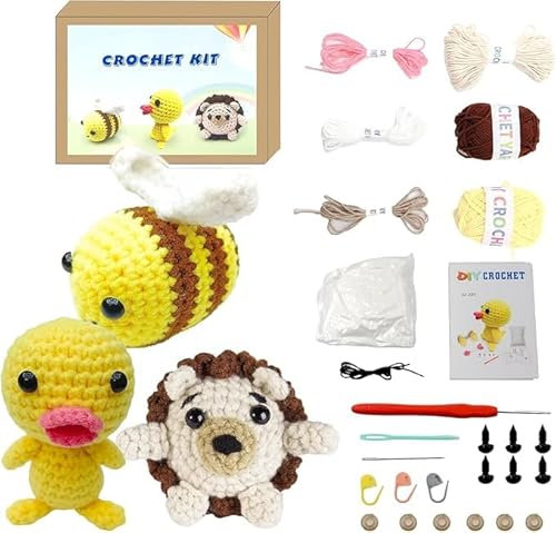 Yeria Häkelset für Anfänger – DIY Häkelset mit Biene, Igel & Ente – Komplettes Amigurumi Set mit Video-Tutorial für Kinder & Erwachsene – Kreatives Geschenk für Bastelfans