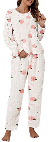 Generisch 2025 - Pigiama casual da donna in pile coral a maniche lunghe pantaloni lunghi stampa pesca pigiameria due pezzi pantaloni spacco laterale, a, Taglia unica