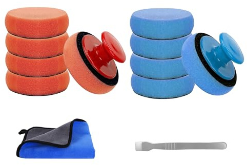 10 Stück Polierschwamm Auto Set Autowachs Applikator Pads mit Mikrofaser Poliertücher Schaber und Griff 90 mm Polierschwämme Polierset Auto Schwämme Pads Politur Schwamm für Polieren Waschen