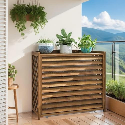 Klimaanlage Abdeckung Holz Wärmepumpe Verkleidung Balkon Sichtschutz Holz Blumenständer Draußen Klimaanlage Abdeckung Außengerät Gartenregal Wetterfest Blumenständer Massivholz(110x50x85cm)