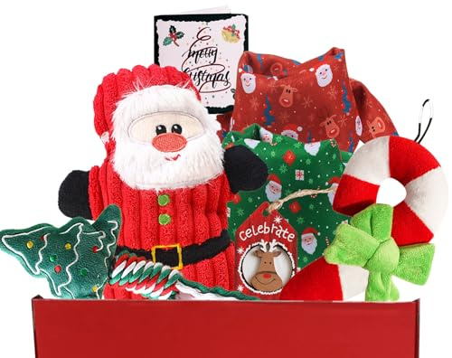 ECLAVIOS Weihnachts-Hunde-Geschenkbox, Urlaubs-Hundespielzeug-Set mit Quietschspielzeug, Kauspielzeug, Bandanas und Ornament für Weihnachtsgeschenke
