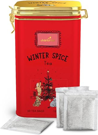 Charbrew Christmas Winnie Winter Spiced Tea – 60 Teabags in Reusable Clip-Top Metal Tin | Festive Spiced Black Tea | Perfect Holiday Tea Gift