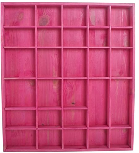 WooDeeDoo Wooden 28 Compartments Display Trinkets Shelf - Hand-Stained - Pink - Matt - Collectors Miniatures Rack Crystals Curio Decorative Cabinet Shallow Tray - 45 x 40 x 3.5 cm