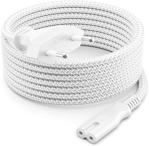 deleyCON 1,5m Netzkabel Nylon Typ C Euro-Stecker auf C7 2,5A - Weiß | Eurokabel Flachstecker für C8 Buchse, TV, Soundbar, PS4, PS5, Netzteile und Kleingeräte