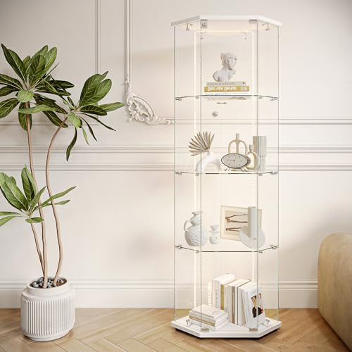 FOERPL - Vitrina de cristal LED, 4 capas, armario de esquina, 162 x 40 x 60 cm, vitrina para colección con puerta y cerradura, para salón y comedor, blanco