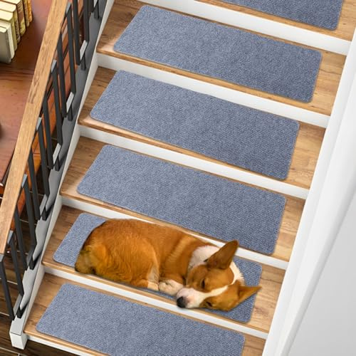 LOLYSIC 15 Pack Stair Treads, Anti Slip Carpet Treads Self Adhesive Runner Pads Steps Protector Mat for Kids Elders Pets, Light Grey, 22x70cm