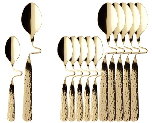 Villeroy & Boch NewWave Caffè Kaffee- & Espresso-Löffel Set 12-teilig, kleine Löffel im NewWave Wellendesign aus hochwertigem Edelstahl, spülmaschinenfest, 17.5 cm & 12 cm, Vergoldet