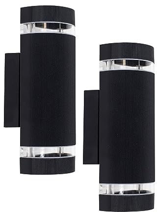 MiniSun | Modern Aluminium Curved Outdoor IP54 Rated Black Ribbed Contrasting Glass Shade Wall Light Fittings | Outdoor Wall Lights, Home Décor & Improvement Essential | Pair of 2 | Mains Wired