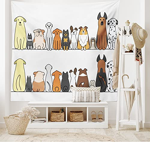 ABAKUHAUS Hund Wandteppich und Tagesdecke, Hundefamilie in Einer Reihe aus Weiches Mikrofaser Stoff Waschbar ohne Verblassen Digitaldruck, 230 x 140 cm,Gelb Braun