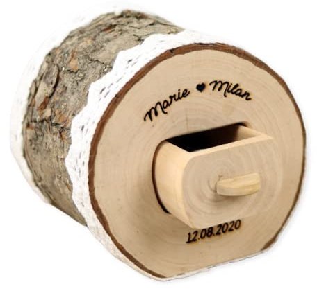 Rustikale RINGBOX aus einem BAUMSTAMM + GRAVUR personalisiert für Trauringe Vintage Holz Ringkästchen Hochzeit Ringkissen Natur Alternative