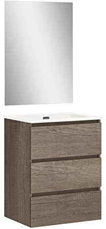 Baikal | Conjunto Completo de Mueble de Baño Suspendido a la Pared con Lavabo Cerámico y Espejo | Tres Cajones, Cierre Amortiguado, Melamina 16mm | Mueble MONTADO | Nebraska | 60cm
