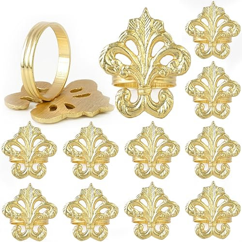 Alpha Living Home Serviettenringe Set von 12 Stück, Fleur-di-lis Serviettenhalter, Serviettenringe Bulk für Partydekoration, Esstisch, Alltag, Familienfeiern - Eine tolle Tischdekoration - Gold