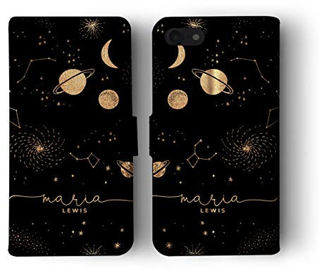 Tirita Personalised Custom Wallet Flip Phone Case Compatible with iPhone 7/8 / SE 2020 / SE 2022 PRINTED GLITTER, NOT REAL GLITTER Space Stars Moon Planets Black Copper Galaxy