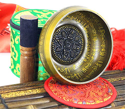 Gandhara Ensemble de bols chantants tibétains, sculptés de statues de Bouddha et de mantra, pour la méditation, le chakra, la guérison par le son, fait à la main au Népal