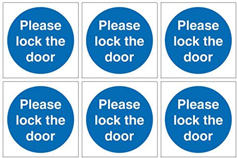 Set of 6 Please Lock The Door Signs. 90mm x 90mm Self Adhesive Stickers