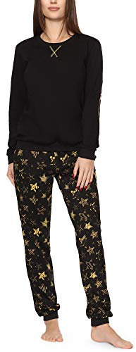 Merry Style Damen Lang Zweiteiliger Schlafanzug aus Baumwolle Pyjama Set Winter MS10-168 (Schwarz Gelbe Sterne, M)