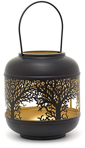 22cm Black Metal Tree Of Life Cut Out Hurricane Candle Lantern | Decorative Candle Holders For Home Garden Patio - Small