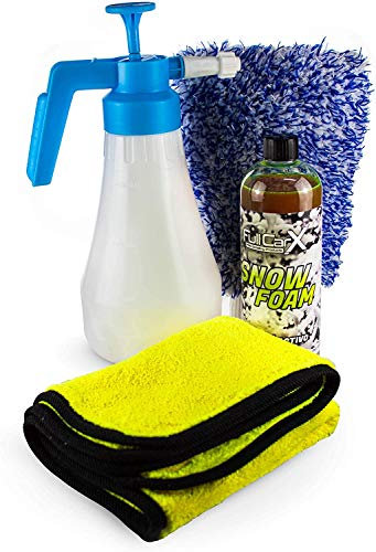 AutoFullCar - Kit Foamer Universal + Champú + Manopla + Toalla microfibra - Kit Generador Alta Espuma Snow Foam sin necesidad de enchufes + Accesorios Car Detailing