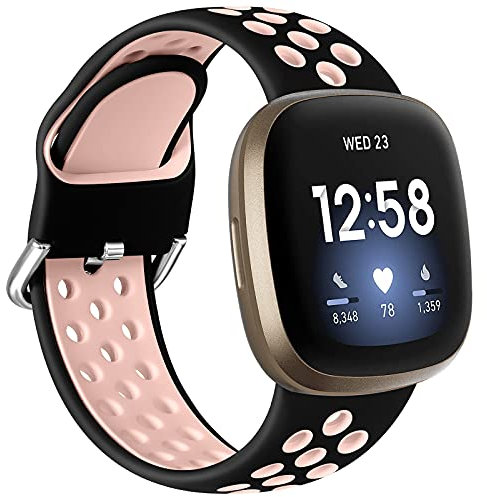 Dirrelo Kompatibel mit Fitbit Versa 4 Armband - Fitbit Versa 3 Armband für Damen Herren, Sport Silikon Atmungsaktiv Ersatzarmband für Fitbit Sense/Sense 2 Uhrenarmband, L, Schwarz/Rosa