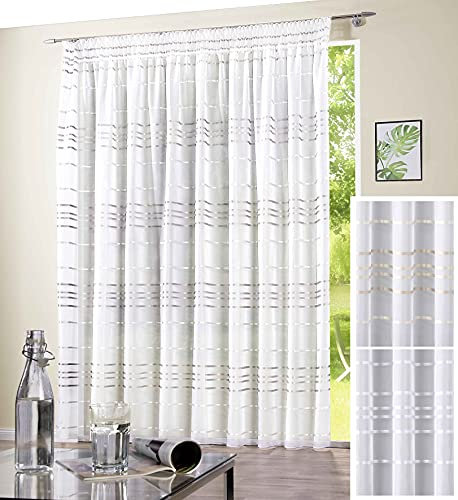 deco home | Gardinen Store Gardine Cataleya mit grauen Querstreifen in transparent Vorhang Voile durchsichtig | 300 x 245cm (Gold)