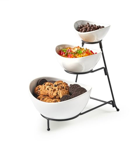 LYEOBOH 3 Tier Serving Bowls Set with Collapsible Thicker Metal Stand, Oval Serving Dishes for Entertaining, Fruit, Dessert, Candy, Chip and Dip (Black)
