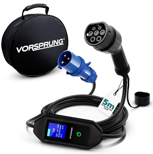 VORSPRUNG® (CEE 3 Pin Plug) Portable Type 2 EV Charger, Adjustable Amperage (10A/16A/20A/24A/32A) 7.3kW with Controllable Digital Screen - Electric Vehicle Motorhome Charging Cable T2, (UK) (5 Metre)