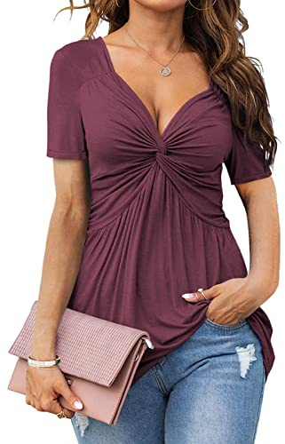 Tankaneo Womens Front Knotted V-Neck Blouse T Shirt Short Sleeve Oversized Tunic Tops Summer Solid Pullover Tees