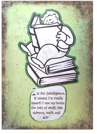Displate Offiziell Fallout MetallPoster Magnetische Befestigung Inklusive Lizenziert Bilder Hochwertiges Poster Vault Boy's Baby Book - Intelligence Poster 45 cm x 32 cm