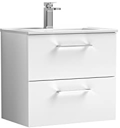 nuie ARN124B Arno Modern Bathroom Wall Hung 2 Drawer Vanity Unit with Minimalist Ceramic Basin, 600mm, Gloss White