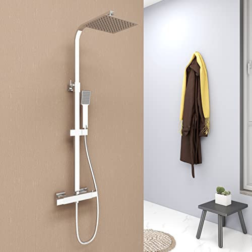 AICA sanitaire Colonne de Douche Thermostatique, Hauteur Réglable, Mitigeur Baignoire avec Pommeau de Douche 20x20CM, Colonne de Douche avec Mitigeur en Acier Inox pour Salle de Bain, Carré, Chromé