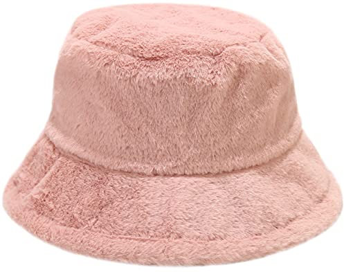 Malaxlx Damen Rosa Plüsch Fischerhut Wintermütze Flauschige Bucket Hat Warme Anglerhut