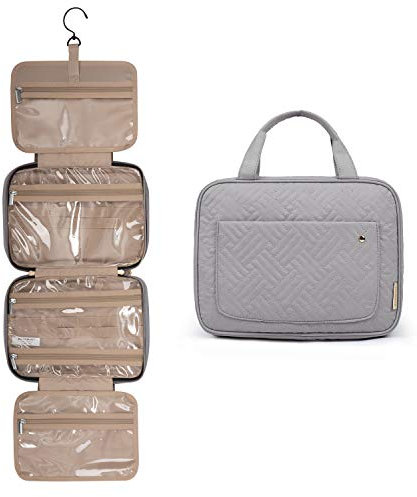 BAGSMART Kulturbeutel Reisetasche mit Haken zum Aufhängen, Wasserabweisende Make-up-Kosmetiktasche Reise-Organizer für Zubehör, Shampoo, Behälter in voller Größe, Toilettenartikel L-grau