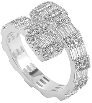 DFWY Hip Hop Iced Out Ring Für Männer Frauen -18 Karat Vergoldeter Bling Big Micro Pave CZ Simulierter Diamantring -Hochzeit Geometry Open Band Ring Schmuck(Silver,07)
