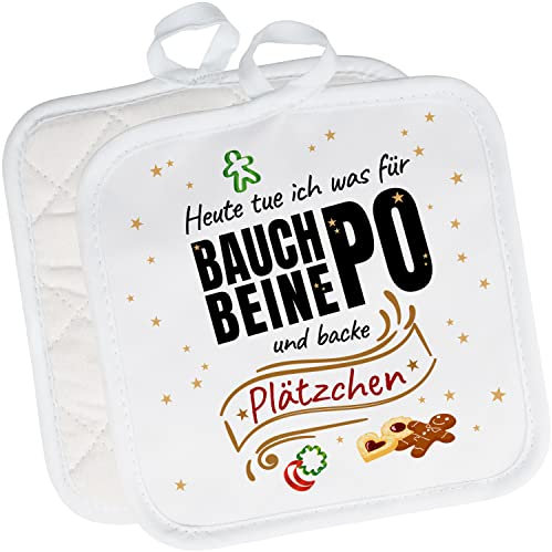2er Set Topflappen „Heute tue ich was für Bauch Beine Po und backe Plätzchen“ – lustige Weihnachts-Topf-Untersetzer Ofenhandschuh Kochen – Geschenke zu Weihnachten für Kollegen, Freunde, Mama und Oma