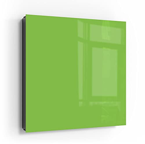 DEQORI Schlüsselkasten schwarz | 30x30 cm | Unifarben - Hellgrün | Glas & Metall Schlüssel-Box | Schlüsselschrank mit 50 Haken + 2 Magnete | Moderne Box magnetisch & beschreibbar