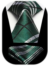 HISDERN Green Ties for Men Handkerchief Wedding Check Neck Tie and Pocket Square Set for Formal Business