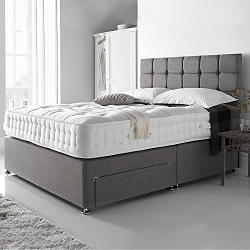 DBZ BEDS Reinforced 2FT6 Small Single Bed Set with 2000 Series Mattress – Grey Linen Velvet Divan Bed Frame with Storage Options – 26 Headboard & Chrome Glider Feet – Made in UK
