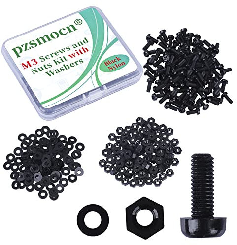 Pzsmocn 300 Stück/100 Sätze M3*8 mm Schwarzes Nylon Kunststoff Kreuzschlitz Rundkopfschrauben-Sechskantmuttern mit Isolierscheibe Standardgröße, für Heimwerker und Elektronische Montage.