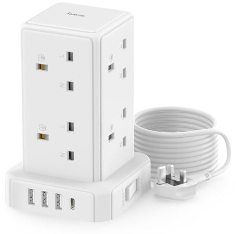 Tower Extension lead 3M, [13A 3250W] Surge Protection Extension lead with Switch, 8 AC Outlets & 4 USB Ports Plug Extension Socket, Extension Cable 3M Mini Power Strip for Office, Home, Kitchen