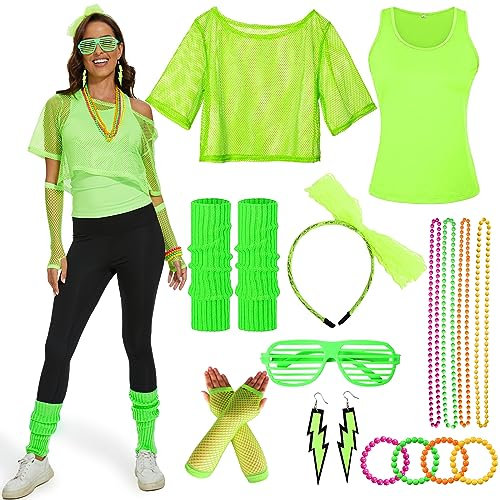Ulikey 80er 90er Jahre Outfit Damen, 80er Jahre Kleidung Damen Set, Netzshirt, Tank top, Halskette, Armband, Ohrring, Brille, Stirnband, 90er Jahre Neon Party Outfit Mottoparty Accessoires (grün, M)