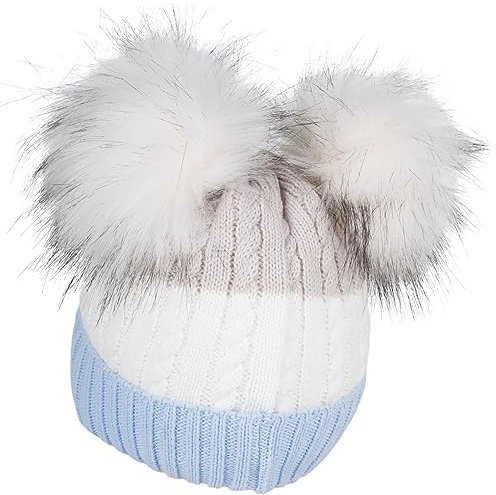 styleBREAKER Kinder Strick Bommelmütze 3-Farbig Gestreift, 2 Kunstfellbommel, Fleece Futter, 2-5 Jahre 04024204, Farbe:Hellblau-Weiß-Hellgrau