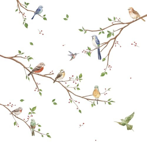 Runtoo Wandtattoo Vögel auf Baum Ast Wandaufkleber Grüne Blätter Zweige Blumen Wandsticker Schlafzimmer Wohnzimmer Babyzimmer Kinderzimmer Fenster Wanddeko