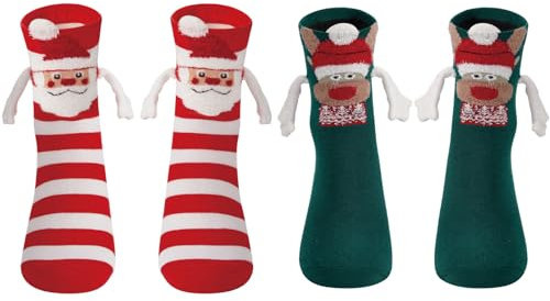 Lustige Weihnachtssocken Magnetische Socken Weihnachtsgeschenke Magnetsocken für Damen Herren Funny Magnetic Socks mit Magnetarmen Paar Freundin Freund Partner Weihnachten Geschenke (Rot + Grün)