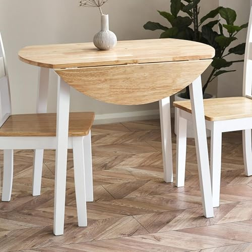 Julian Bowen Linwood Round Extending Dining Table, White/Wood - W55-90cm | Cottage Kitchen Table for Dining Room, 55-90cm Width, Easy Extension, Seats up to 4 People