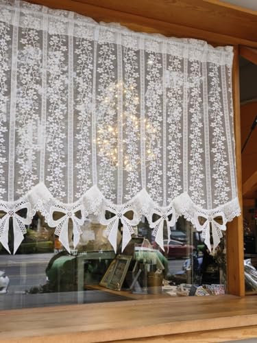 Devola Scheibengardine Spitze Jacquard Gardine Blumen Kurzgardine mit Bogenknoten Küchenvorhang Landhausstil Cafe Gardinen Fenstergardinen Wohnzimmer HxB 85x82cm Weiß 1 Stück
