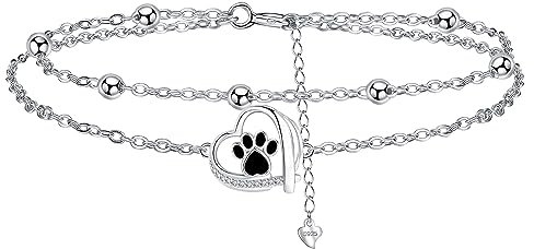 Hifeeled Bracelet de Cheville Coeur pour Femme Argent Sterling 925 Mignon Patte de Chien Bracelet de Cheville Double Chaînes Été Pieds Nus Plage Chaînes de Cheville, Réglable 22+4cm