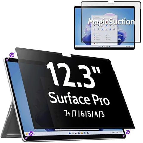 Peslv Privacy Screen for 12.3 Inch Surface Pro 7+/7/6/5/4/3, MagicSuction™ Removable Anti Spy Black Protector, Glare Blue Light Filter for Microsoft Laptop Computer Monitor