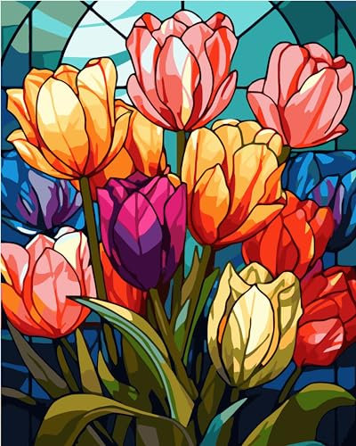 TISHIRON Malen Nach Zahlen Erwachsene und Kinder Anfänger Gemälde Blumen DIY Handgemalt Ölgemälde Kit inklusive Pinsel und Acrylfarbe 40 x 50 cm(Rahmenlos) - Tulpen