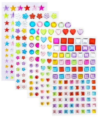 HZAOPZE 440 pcs Strass Autocollant, Acrylique Strass Autocollant Visage pour l'Artisanat Bijoux Bricolage Décoratif Clou Corps, 5 Feuilles