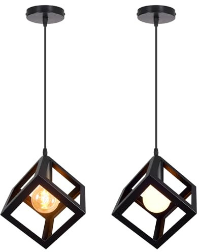 iDEGU 2 Stück Pendelleuchte, modern, Würfelform, Deckenleuchte, Lampenschirm im geometrischen Stil, aus Metall, E27, Hängeleuchte, für Schlafzimmer, Wohnzimmer, Restaurant, 16 cm, Schwarz